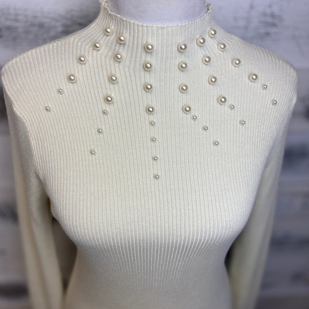 Ivory Mock Neck Sweater Size L Pearl Collar Cuffs Formal Holiday Cocktail Ribbed - Picture 6 of 12